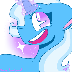 Size: 768x768 | Tagged: safe, artist:miles-bow, derpibooru import, trixie, pony, unicorn, abstract background, bust, female, magic, mare, open mouth, signature, smiling, solo