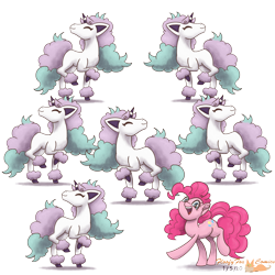 Size: 3000x3000 | Tagged: safe, artist:floofyfoxcomics, derpibooru import, pinkie pie, earth pony, pony, galarian ponyta, high res, one of these things is not like the others, pokémon, ponyta, simple background, transparent background