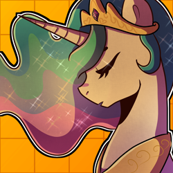 Size: 1500x1500 | Tagged: safe, artist:jonkou, derpibooru import, princess celestia, alicorn, pony, bust, crown, eyes closed, female, jewelry, mare, portrait, profile, regalia, simple background, solo, yellow background