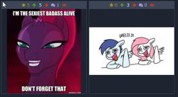 Size: 513x281 | Tagged: safe, artist:sugar morning, tempest shadow, oc, oc:slipstream, oc:sugar morning, my little pony: the movie, couple, derpibooru, eye scar, female, hilarious, joke, juxtaposition, laughing, male, mare, meme, meta, reaction image, scar, stallion, wheeze, wheezing