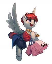 Size: 1298x1587 | Tagged: safe, artist:luciferamon, valley glamour, pegasus, pony, clothes, cute, ear fluff, female, flying, mare, open mouth, shopping bags, simple background, solo, spread wings, tmall, white background, wings