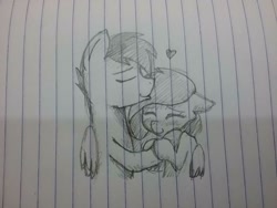 Size: 960x720 | Tagged: safe, artist:sugar morning, oc, oc only, oc:slipstream, oc:sugar morning, pegasus, pony, cute, eyes closed, female, heart, in love, kissing, lined paper, love, male, mare, oc x oc, shipping, sketch, stallion, straight, sugarstream, traditional art
