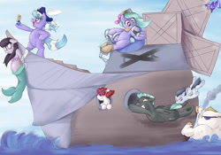 Size: 900x630 | Tagged: safe, artist:aquaticsun, bulk biceps, cloudchaser, flitter, octavia melody, rumble, thunderlane, twist, earth pony, mermaid, pegasus, pony, animal crossing, clothes, colt, costume, female, filly, isabelle, male, mare, ship, stallion