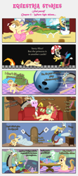 Size: 2429x5467 | Tagged: safe, artist:estories, discord, oc, oc:alice goldenfeather, comic:find yourself, ballet, baseball bat, bowling ball, bucking, cap, clothes, comic, cosplay, costume, discord lamp, hat, in another castle, mario's hat, pillow, super mario bros., tea party