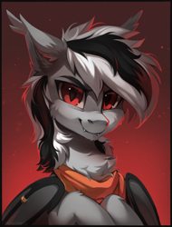 Size: 2117x2782 | Tagged: safe, artist:share dast, derpibooru import, oc, oc:storm dancer, bat pony, vampire, vampony, bandana, bat pony oc, bat wings, bust, chest fluff, chin fluff, ear fluff, fluffy, leg fluff, looking at you, portrait, red eyes, slit eyes, smiling, smirk, wing ring, wings