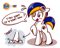 Size: 1280x1024 | Tagged: safe, artist:sugar morning, derpibooru exclusive, oc, oc only, oc:tide pod, earth pony, object pony, original species, pony, badumsquish approved, blushing, bubble, cute, dialogue, english, female, gijinka, heterochromia, mare, meme, pod, ponified, raised hoof, raised leg, signature, simple background, soap, solo, sweat, tide, tide pods, tide pony, white background