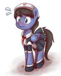 Size: 1024x1280 | Tagged: safe, artist:sugar morning, oc, oc only, oc:blue violet, pegasus, pony, adorkable, apron, clothes, cute, dork, dress, female, lace, lip bite, maid, maid headdress, mare, ponies, ribbon, shoes, simple background, sketch, socks, solo, sweat, transparent background