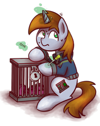 Size: 1024x1280 | Tagged: safe, artist:sugar morning, derpibooru exclusive, oc, oc only, oc:littlepip, pony, unicorn, fallout equestria, addiction, anxious, bobby pin, cage, clothes, cutie mark, drugs, fallout, female, lock, lockpick, lockpicking, magic, mare, mint-als, nervous, pad, padlock, party time mintals, pipbuck, scared, screwdriver, simple background, sitting, solo, sweat, transparent background, vault suit