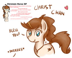 Size: 1280x1024 | Tagged: safe, artist:anonymous, artist:otherdrawfag, artist:sugar morning, oc, oc only, oc:christ chan, dove, earth pony, pony, christianity, cross, female, girlfriend, hairpin, heart, ideal gf, jewelry, mare, meme, necklace, ponified, religion, religious focus, simple background, solo, waifu
