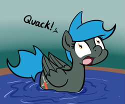 Size: 1007x839 | Tagged: safe, artist:whatsapokemon, oc, oc only, oc:jade shine, duck, duck pony, pegasus, pony, behaving like a duck, golden eyes, open mouth, pegaduck, quack, quack knights, solo, water, wide eyes