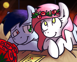 Size: 1280x1024 | Tagged: safe, artist:sugar morning, oc, oc only, oc:slipstream, oc:sugar morning, pegasus, pony, bed, bedroom eyes, bouquet, couple, cute, female, floral head wreath, flower, hearts and hooves day, heterochromia, holiday, hotel room, love letter, male, mare, moon, oc x oc, rose, shipping, stallion, straight, sugarstream, valentine's day