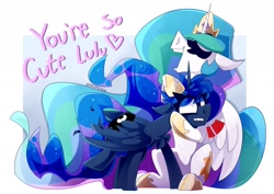 Size: 2368x1681 | Tagged: safe, artist:nekosnicker, derpibooru import, princess celestia, princess luna, alicorn, pony, abstract background, annoyed, chest fluff, duo, eye clipping through hair, eyes closed, female, heart, luna is not amused, mare, open mouth, royal sisters, ruffled hair, sibling teasing, siblings, sisters, unamused, varying degrees of want