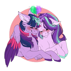 Size: 1500x1500 | Tagged: safe, artist:mysticcoral, derpibooru import, starlight glimmer, twilight sparkle, twilight sparkle (alicorn), alicorn, pony, unicorn, blushing, eyes closed, female, glowing horn, heart, horn, lesbian, magic, shipping, twistarlight