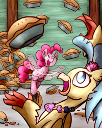 Size: 1024x1280 | Tagged: safe, artist:sugar morning, pinkie pie, princess skystar, classical hippogriff, earth pony, hippogriff, pony, my little pony: the movie, commission, dirty, food, jewelry, juggling, necklace, pie, pies, seashell, silly, silly pony, weird