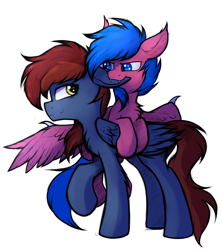 Size: 3200x3600 | Tagged: safe, artist:tatykin, derpibooru import, oc, oc:firewire, oc:neon burst, bat pony, hybrid, pegabat, pegasus, biting, cute, ear bite