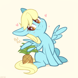 Size: 800x800 | Tagged: safe, artist:higglytownhero, derpibooru import, sassaflash, pegasus, pony, trade ya, blushing, cute, female, food, heart, mare, pat, pineapple, simple background, sitting, solo, that pony sure does love pineapples