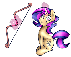 Size: 1280x1024 | Tagged: safe, artist:sugar morning, oc, oc only, oc:radiance, pony, unicorn, archery, bow (weapon), commission, cute, female, glowing horn, looking at you, magic, magic aura, mare, simple background, sitting, smiling, solo, sweet, telekinesis, transparent background