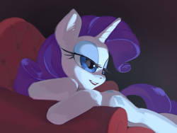 Size: 4000x3000 | Tagged: safe, artist:emerald-light, derpibooru import, rarity, pony, unicorn, cute, female, high res, lidded eyes, mare, prone, raribetes, sofa, solo