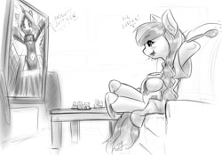 Size: 1148x800 | Tagged: safe, artist:alloyrabbit, oc, oc only, oc:sequoia, oc:ultramare, bathrobe, cereal, clothes, eating, monochrome, sketch, slippers, solo, television