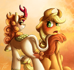 Size: 1500x1424 | Tagged: safe, artist:jamescorck, derpibooru import, applejack, autumn blaze, earth pony, kirin, pony, autumnjack, blushing, female, freckles, lesbian, mare, open mouth, shipping, tail seduce, teasing