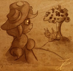 Size: 1143x1113 | Tagged: safe, artist:jamescorck, derpibooru import, applejack, autumn blaze, earth pony, kirin, pony, apple, apple tree, applebucking, autumnjack, cowboy hat, female, hat, lesbian, shipping, sketch, tree