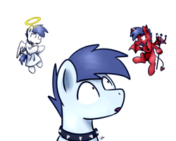 Size: 1280x1024 | Tagged: safe, artist:sugar morning, oc, oc only, oc:slipstream, angel, dog pony, pegasus, pony, boof, boofy, boofy is a good boy, collar, cute, devil, halo, looking up, male, pitchfork, shoulder angel, shoulder devil, shrunken pupils, simple background, solo, spiked collar, stallion, white background