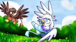 Size: 1920x1080 | Tagged: safe, artist:sugar morning, oc, oc only, oc:basma, oc:jaku, griffon, commission, couple, cute, female, flying, grass, male, open mouth, playing, sky, spread wings, sweet, tree, wings