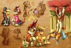 Size: 1200x808 | Tagged: safe, artist:jamescorck, derpibooru import, applejack, autumn blaze, earth pony, kirin, pony, apple, apple cider, apple tree, applebucking, autumnjack, cowboy hat, cute, drunk, drunk aj, female, fire, food, hat, korean fashion, lesbian, marshmallow, massage, massage table, nirik fire, shipping, shipping fuel, sitting, sketch, sketch dump, standing on back, tipsy, tree