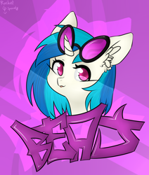 Size: 1100x1300 | Tagged: safe, artist:skylinetoaster, artist:speedy wing, derpibooru import, dj pon-3, vinyl scratch, pony, unicorn, collaboration, bust, cute, ear fluff, female, graffiti, mare, portrait, purple background, simple background, solo, vinylbetes