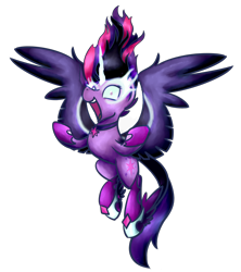 Size: 1600x1800 | Tagged: safe, artist:sugar morning, derpibooru exclusive, midnight sparkle, sci-twi, twilight sparkle, pony, collaboration, equestria girls, equestria girls ponified, evil, evil laugh, flying, laughing, open mouth, ponified, simple background, solo, spread wings, transparent background, villains of equestria collab, wings