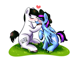 Size: 1400x1050 | Tagged: safe, artist:sugar morning, oc, oc only, oc:glacier wind, oc:swing rhythm, earth pony, pegasus, pony, commission, couple, cute, eyes closed, gay, grass, hat, heart, kissing, love, male, oc x oc, shipping, simple background, stallion, transparent background