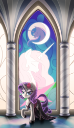 Size: 1920x3316 | Tagged: safe, artist:awalex, derpibooru import, princess celestia, princess luna, rarity, alicorn, pony, unicorn, chest fluff, clothes, crescent moon, cute, cutie mark accessory, dress, ear fluff, female, flower, flower in hair, garter belt, hoof shoes, jewelry, lace, leg fluff, mare, moon, necklace, pink-mane celestia, raribetes, rose, solo, stained glass