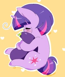 Size: 1099x1308 | Tagged: safe, artist:luxjii, derpibooru import, twilight sparkle, unicorn twilight, pony, unicorn, alternate hairstyle, ask nerdy twilight, blushing, cute, eggplant, eyes closed, food, glasses, hug, pillow, pillow hug, profile, simple background, sitting, solo, twiabetes, yellow background