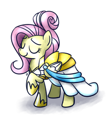 Size: 1600x1800 | Tagged: safe, artist:sugar morning, fluttershy, pegasus, pony, fake it 'til you make it, clothes, cute, dress, eyes closed, female, mare, simple background, warrior of inner strength, warriorshy