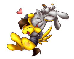 Size: 1280x1024 | Tagged: safe, artist:sugar morning, oc, oc only, oc:blu skies, oc:sierra summit, original species, pegasus, plane pony, pony, a-10 thunderbolt ii, commission, couple, cute, eyes closed, female, heart, hug, hug from behind, love, male, mare, oc x oc, plane, shipping, simple background, stallion, transparent background