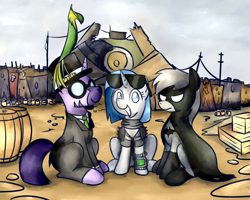 Size: 1280x1024 | Tagged: safe, artist:sugar morning, oc, oc:sacred song, oc:stella, oc:waning moon, oc:zidera, bat pony, phoenix, unicorn, batman, batmare, commission, fallout, group, megaton, pipboy, sitting, smiling, squad