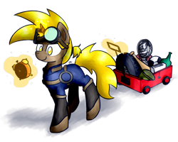 Size: 1280x1024 | Tagged: safe, artist:sugar morning, oc, oc only, oc:golden gear, pony, unicorn, cart, commission, cute, fallout, female, goggles, junk, magic, magic aura, mare, pulling, simple background, solo, transparent background, walking