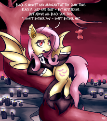 Size: 1600x1800 | Tagged: safe, artist:sugar morning, derpibooru exclusive, fluttershy, bat pony, fake it 'til you make it, apple, black, candle, clothes, commission, dark, eyeshadow, flutterbat, fluttergoth, food, goth, makeup, on side, piercing, race swap, rotten apple, solo, tree, wings