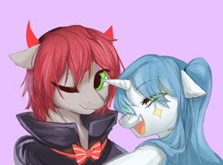 Size: 2300x1700 | Tagged: safe, artist:swaybat, oc, oc only, pony, unicorn, bowtie, devil horns, fangs, floppy ears