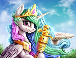 Size: 4320x3279 | Tagged: safe, artist:rysunkowasucharia, princess celestia, alicorn, pony, atg 2019, award, cake, cakelestia, collar, crown, crumbs, cute, cutelestia, female, food, jewelry, mare, necklace, newbie artist training grounds, regalia, smiling, solo, table, trophy