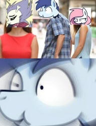 Size: 447x586 | Tagged: safe, artist:larrykitty, artist:sugar morning, edit, editor:shivermint timbers, skellinore, oc, oc:slipstream, oc:sugar morning, pegasus, pony, the break up breakdown, boofy, couple, cute, distracted boyfriend meme, female, funny, male, mare, meme, oc x oc, shipping, stallion, straight, sugarstream, weird