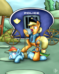 Size: 1024x1280 | Tagged: safe, artist:sugar morning, applejack, rainbow dash, earth pony, pegasus, pony, tanks for the memories, abuse, angry, arrested, bad end, bipedal, bound wings, cart, cuffs, dashabuse, female, hand cuffs, mare, never doubt rainbowdash69's involvement, police, police officer, police uniform, prisoner rd, rope, shackles, tied