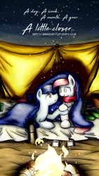 Size: 750x1334 | Tagged: safe, artist:sugar morning, oc, oc only, oc:slipstream, oc:sugar morning, pegasus, pony, beach, blanket, bonfire, campfire, chocolate, couple, cute, date, female, food, happy anniversary, holding hooves, hot chocolate, love, male, mare, night, oc x oc, romantic, sand, shipping, stallion, starry sky, straight, sugarstream, tent, thermos