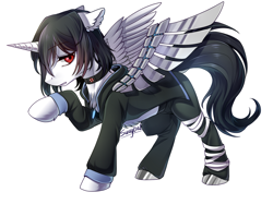 Size: 1150x862 | Tagged: safe, artist:swaybat, oc, alicorn, pony, alicorn oc, amputee, augmented, chest fluff, clothes, collar, ear fluff, prosthetic leg, prosthetic limb, prosthetic wing, prosthetics, simple background, umbrella corporation, white background