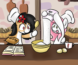 Size: 1119x935 | Tagged: safe, artist:euspuche, artist:sugar morning, oc, oc only, oc:liliya krasnyy, oc:sugar morning, earth pony, pegasus, pony, collaboration, baker, bakery, book, bread, egg, female, flour, flower, flower in hair, food, sugar (food), tongue out