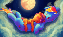 Size: 1920x1136 | Tagged: safe, artist:halem1991, rainbow dash, scootaloo, pegasus, pony, backwards cutie mark, blushing, cloud, cloudy, cuddling, cute, cutealoo, dashabetes, drool, eyes closed, eyestrain warning, female, filly, halem1991 is trying to murder us, mare, moon, scootalove, sleeping