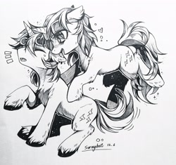 Size: 2976x2800 | Tagged: safe, artist:swaybat, oc, oc only, oc:electric spark, oc:sweet voltage, pony, unicorn, brother and sister, ear piercing, earring, female, goggles, jewelry, male, monochrome, piercing, twins, unshorn fetlocks