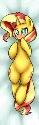 Size: 688x2204 | Tagged: safe, artist:sugar morning, sunset shimmer, pony, unicorn, blushing, body pillow, body pillow design, female, mare, on back, solo