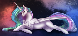 Size: 1500x698 | Tagged: safe, artist:sunny way, princess celestia, alicorn, pony, cloud, commission, feather, female, finished commission, hoers, hooves, horn, looking at you, mare, prone, smiling, smiling at you, solo, sparkles, wings