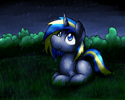 Size: 1280x1024 | Tagged: safe, artist:sugar morning, oc, oc:fizzygreen, pony, unicorn, blue, blue eyes, dark, equine, grass, gray, gray coat, green, horn, looking at the sky, looking up, lying down, male, nature, night, outdoors, rain, solo, stallion, tree, yellow